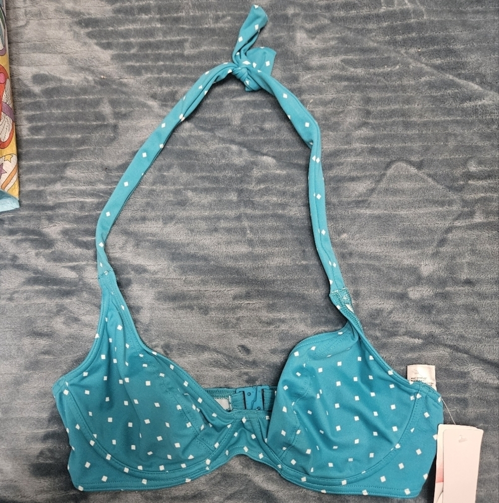 NWT! Freya Tie Neck Blue With White Dots Bikini Top!